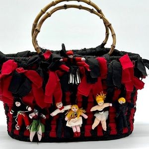 ⭐️Vintage handmade cotton woven bamboo wood handle basket purse party people